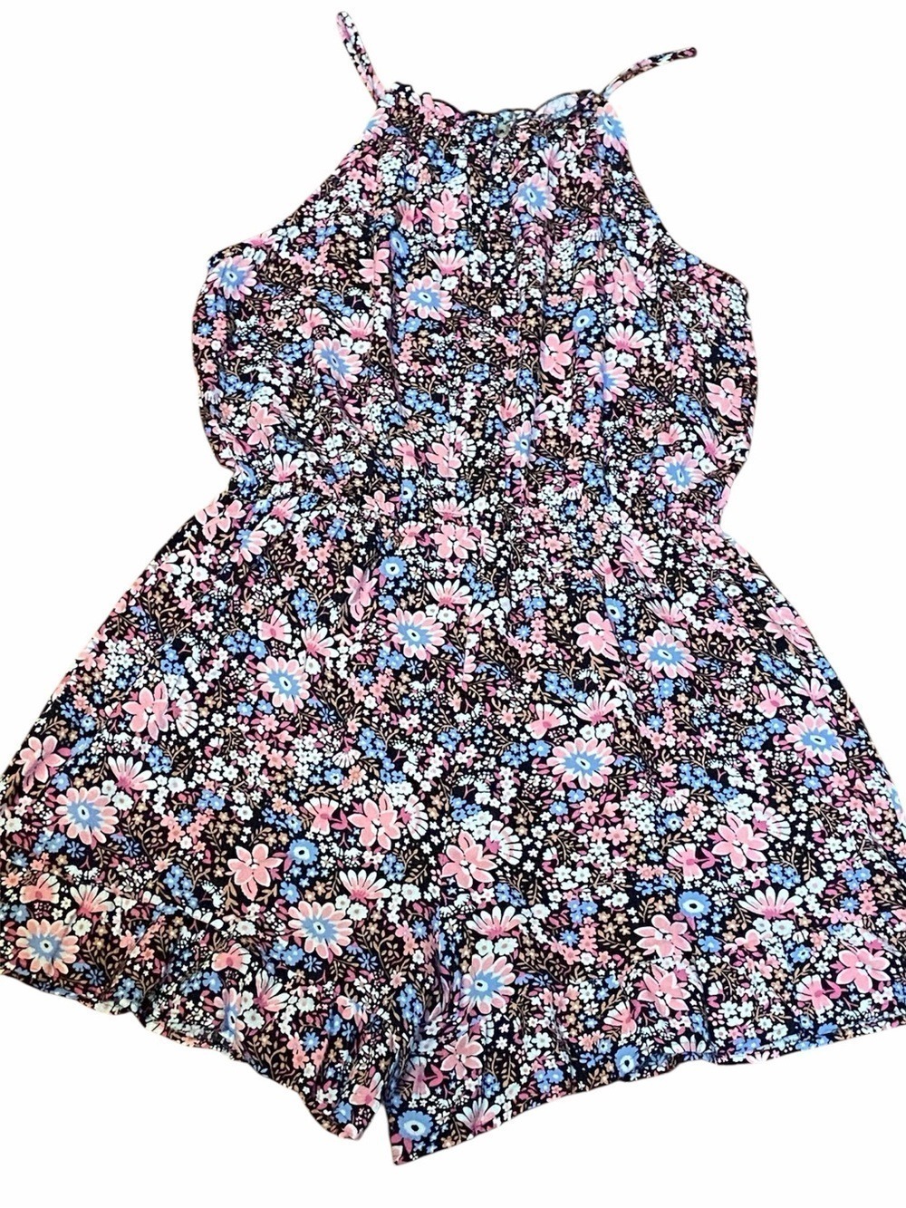 SO Girls Floral Romper Black Pink Blue Daisy Spaghetti Strap Size XL 14 16